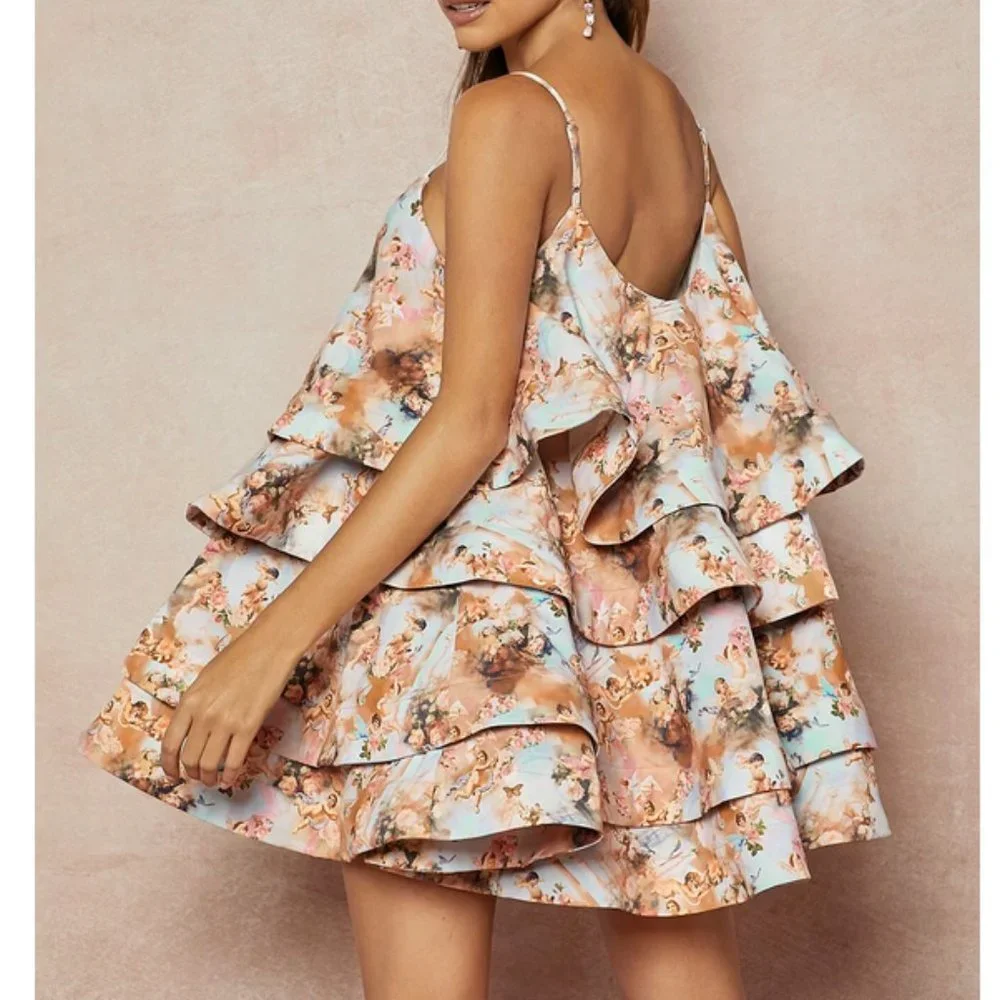Couture Statement Maker! Figure & Floral Print Layer Hem Cami Mini Dress - Picture 3 of 7